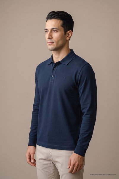 Maccali Tricou pentru bărbați, cu mânecă lungă, albastru marin, cu guler polo, basic