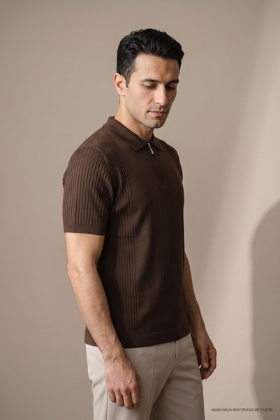 Maccali Tricou tricotat cu fermoar, polo, maro închis, pentru bărbați