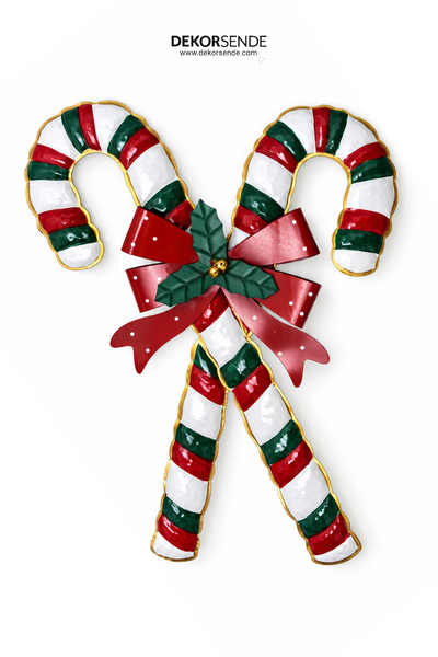 Dekorsende New Year's Metal Door Ornament 2-Piece with Cane and Ribbon Red Gr...