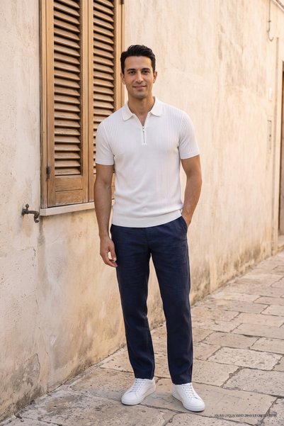 Maccali Tricou polo alb cu fermoar pentru bărbați Trend