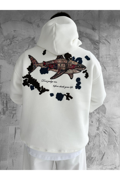 NO1 KONSEPT Hanorac alb cu glugă, supradimensionat, premium, cu broderie Shark