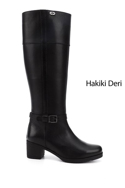 GÖNDERİ(R) Kadın Siyah Fermuarlı Kalın Topuklu Hakiki Deri Çizme
