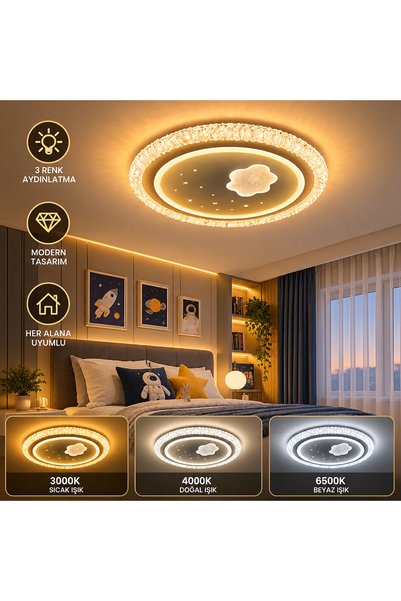 DOLUNAY AVİZE Ay Bulut LED Çocuk Odası Avizesi | 3 Renk Aydınlatma | Modern D...