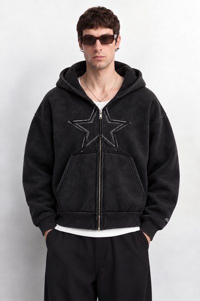 TWILIT Yıldız Nakışlı Yıkama Efekt Oversize Fermuarlı Hoodie Hırka Zip Sweats...