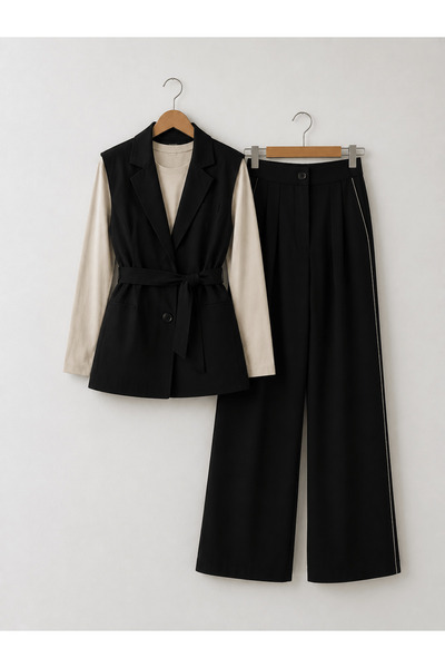 Hepsi Moda Linen Vest Suit with Piping Detail and Belt - Black