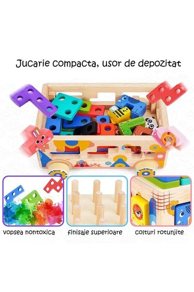 Generic Brand Mașinuță Montessori din lemn cu sortator de forme, 10 animale și carduri tetris, 18 luni+