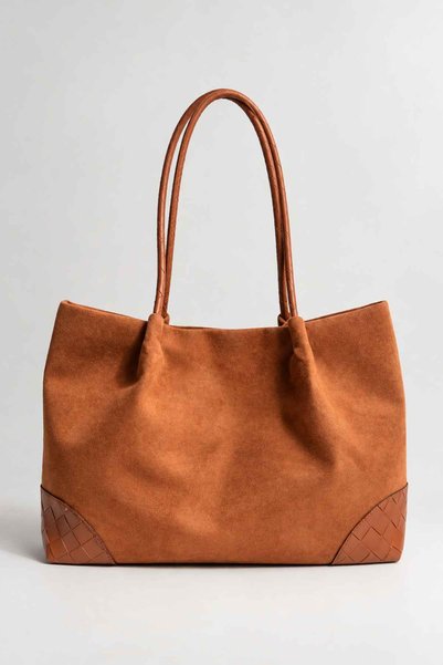 Berlesi Camel Suede Knitted Detailed Tote Bag