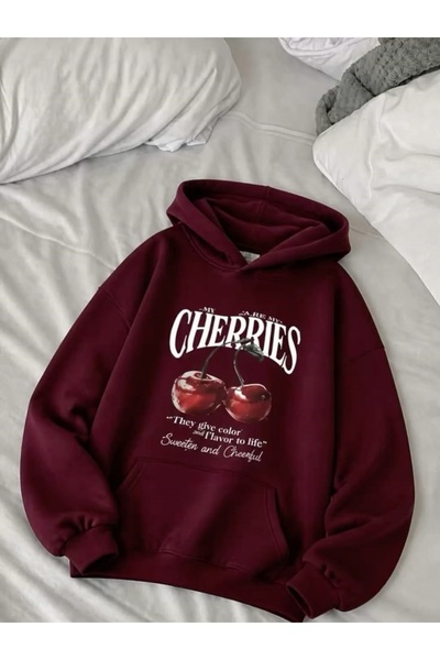 Vordevia Cherries Printed Cotton 3 Thread Threaded Oversize Sweatshirt