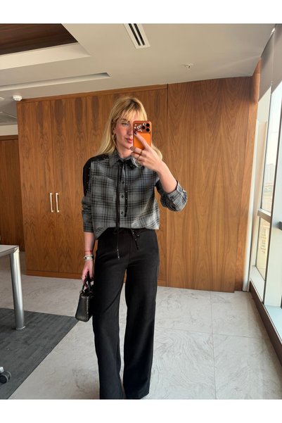 begum mayda Orijinal Model, Siyah Ekoseli, Taş Detaylı Premium Gömlek & Panta...
