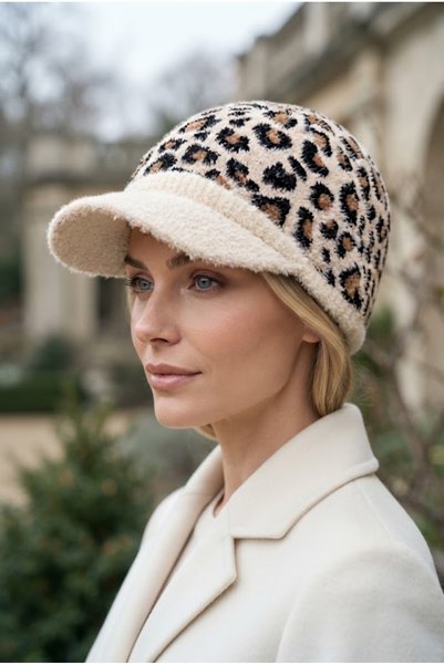 Belifanti Collection Luxury Winter Women's Cream Beige Leopard Patterned Hat with Feather Detail and Brim