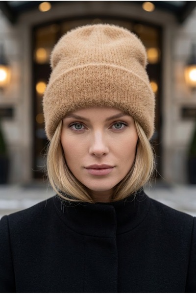 Belifanti Collection Women's Beige Winter Soft Bearded Beret Cotton Textured Plush Hat