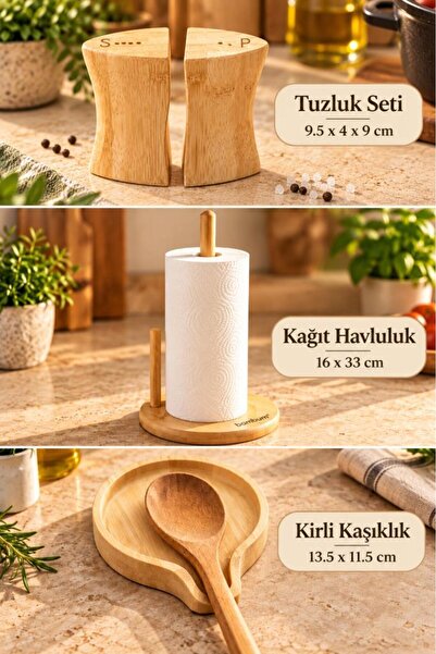 Atbyhome Bambum 3'lü Bambu Tezgah Üstü Mutfak Seti - Kağıt Havluluk Kirli Kaşıklık Ve İkili Tuzluk Biberlik