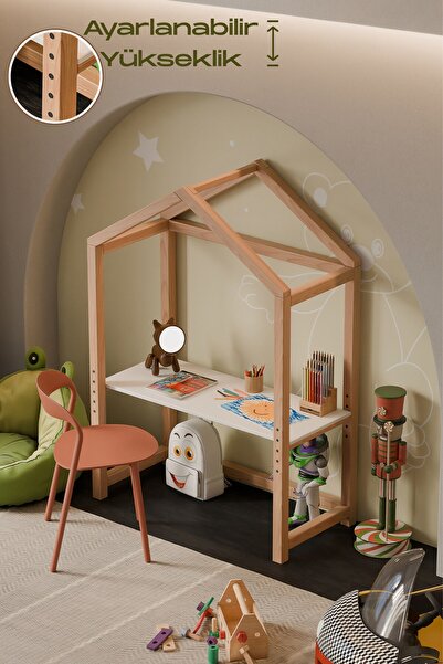 Hier Caribu Premium Montessori Çocuk Çalışma Masası Unisex Doğal Ahşap Çocuk ...