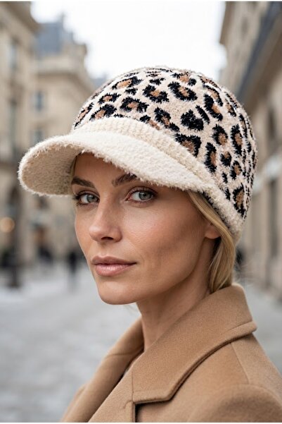 Belifanti Collection Luxury Winter Women's Cream Beige Leopard Patterned Hat with Feather Detail and Brim