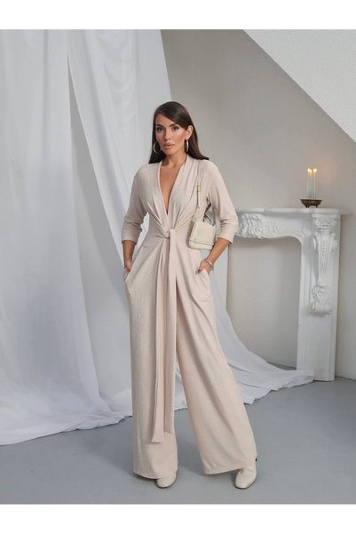 Paw Garage Women's Maris Long Sleeve Wide Leg Jumpsuit with Waist Belt