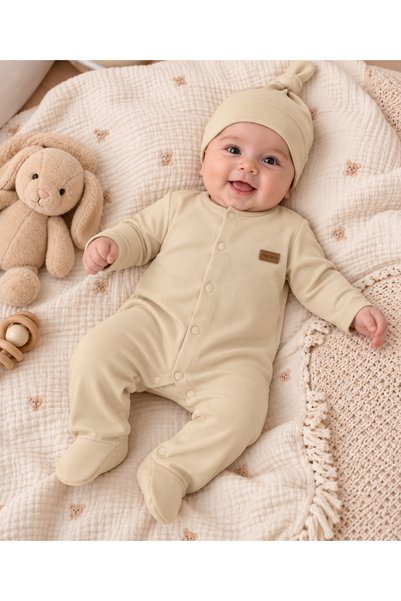 ışık kids Unisex Baby Footed Snap Romper and Knotted Beanie 2-Piece Set – Glo...