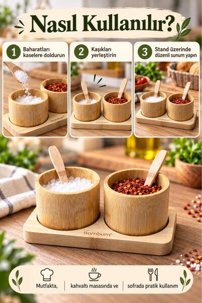 Atbyhome Bambum 5 Parça Bambu 2'li Baharatlık Seti - Kaşıklı Masa Üstü Baharat Kasesi Ve Servis Standı Sunumluk