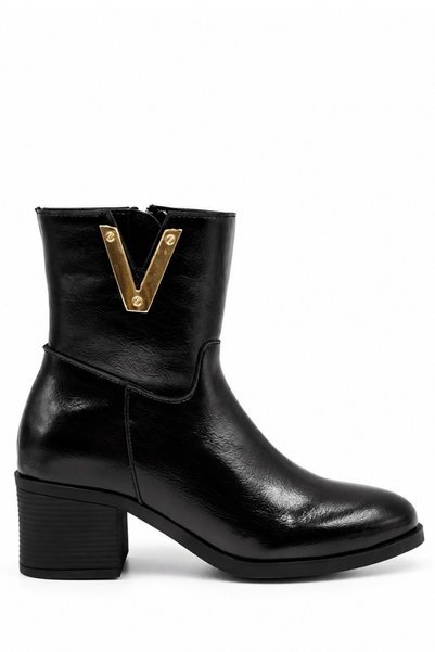 İX Angelo Women's Black Faux Leather Round Toe Thick Heeled V-Shaped Metal Buckle Stylish Daily Boots 6 cm Heel