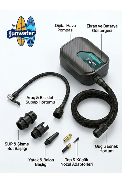 Funwater G07 KABLOSUZ BATARYALI SUP/BOT/ŞİŞME ÇADIR ŞİŞME YATAK POMPA 9 UÇLU