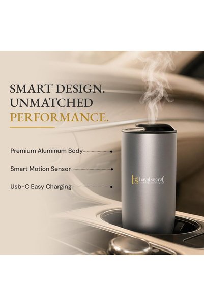 Hayat Secret Cruze Air Car Diffuser, Aluminium Car Air Freshener with Smart Motion Sensor, Customizable Scenting, Rechargeable USB Type-C, Ambient LED Light, 15ml Capacity, Silver