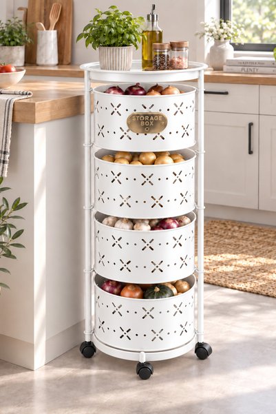 farklı evim 4 Katlı Tekerlekli Döner Sebzelik ve Çok Amaçlı Organizer – Beyaz Patates Soğanlık Mutfak Düzenleyici Rafı 31x74 cm