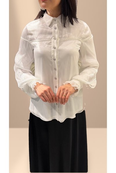 DAWN LİNE Women's Shirt with Stone Buttons Stylish Blouse - Lined Balloon Sleeves Flounce Organza Sparkling Shirt Event Office Blouse