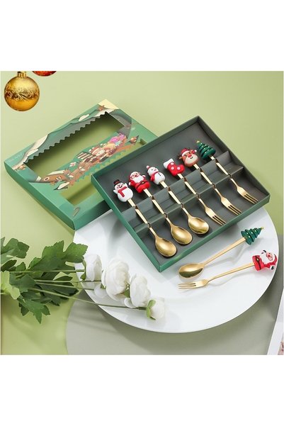OEM Tacâmuri festive cu figurine, set de 6 piese din oțel inoxidabil, 3 linguri, 3 furculițe, cutie 19 x 22 x 2.2 cm, auriu
