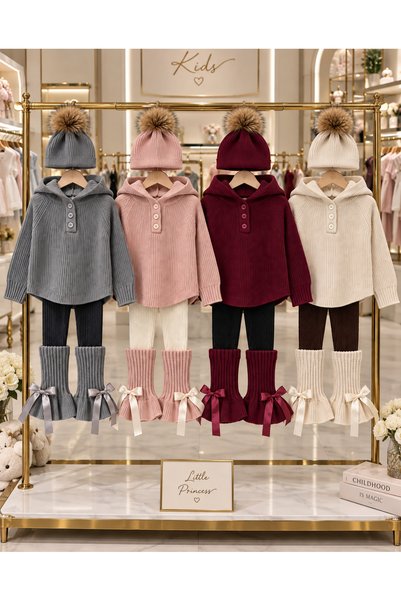 UZUN BUTİK Kids Girls' Knitwear Set: Sweater, Leggings, Tights, Beanie