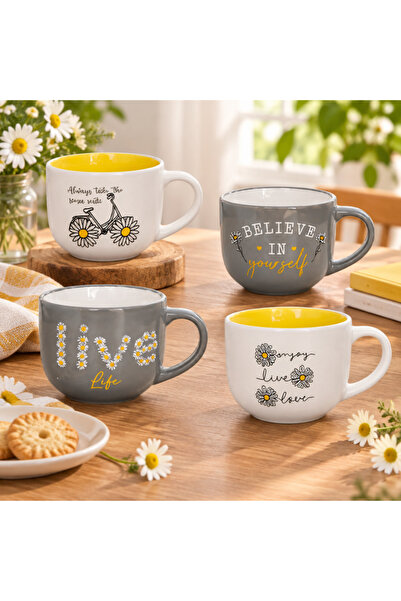 idei Ceramic mug with floral daisy design, volume 400ml, white and gray color...