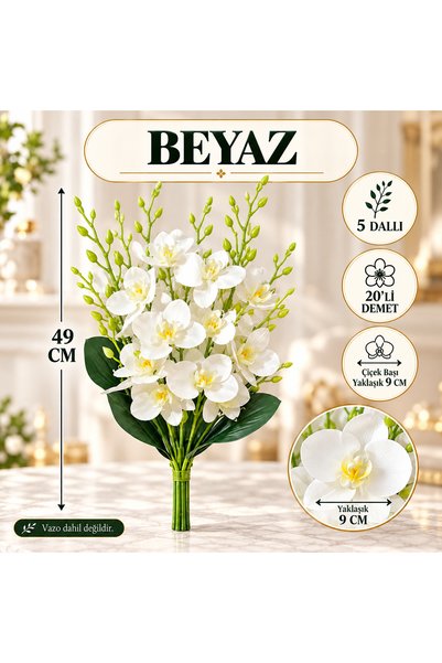 TEMA AJANS SÜS 49 cm Islak Orkide Demeti 20'li 5 Dallı 9 cm Beyaz