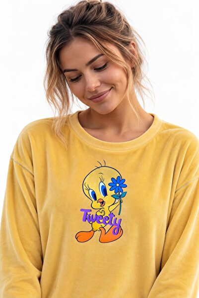 cotonhause Kadın Uzun Kol Kadife Kumaş Tweety Sarı Pijama Takımı C9T0N99