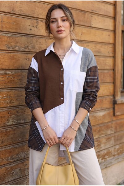 FEMELLE Damen-Hemd aus 100 % Baumwolle im Oversize-Patchwork-Stil, braun-weiß...