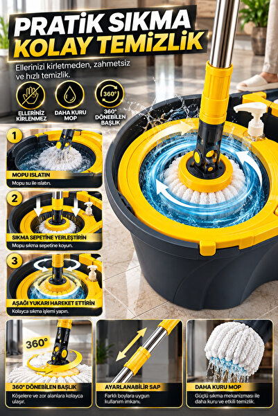 grimorlife Premium Otomatik Temizlik Mop Seti – Sıvı Deterjan Hazneli, 360° Döner Başlıklı, Pedallı Sıkma Mekanizmalı Mikrofiber Mop 19 LT