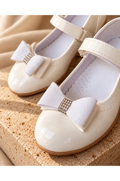 Atlas Kids Girl's Evening Dress Ballerina Shoes Cream/Ecru Patent Leather Orthopedic Elegant Glittery Bowknot Stone Velcro 26-30