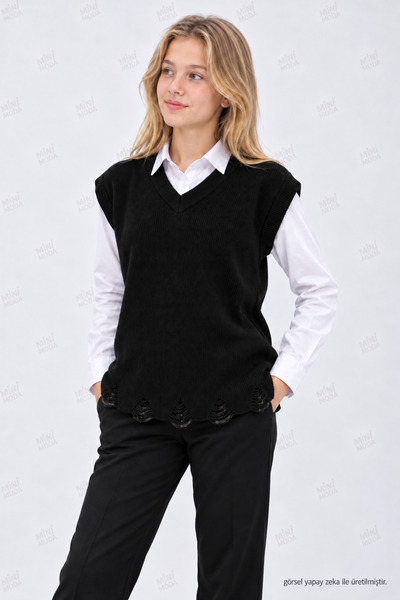 Minimoda Kids Girl's V-Neck Knit Sweater with Frayed Hem Detail