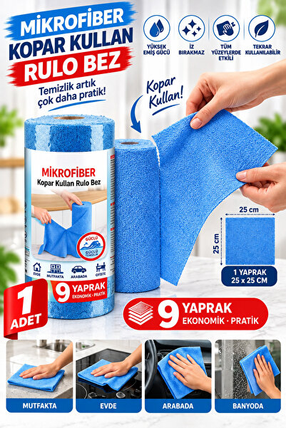 grimorlife 1 Adet 9 Yaprak Mikrofiber Kopar Kullan Rulo Temizlik Bezi – 25x25 cm, Yüksek Emicili, İz Bırakmayan, Çok Amaçlı Temizlik Bezi