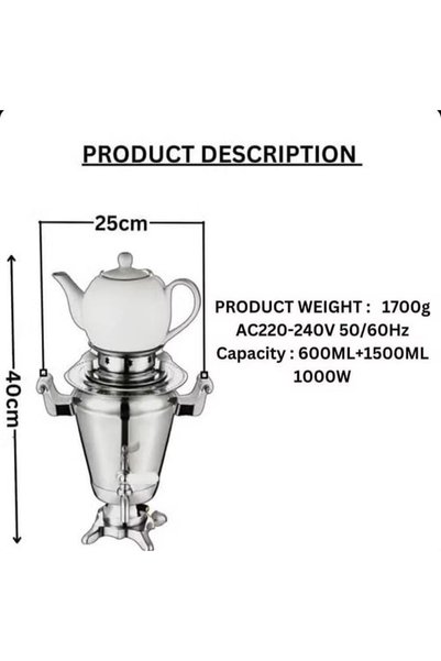 Baytix HOME Electric Tea Samovar 1500ml + 600ml Porcelain Teapot, 1000W Adjustable Power, Stainless Steel, Silver