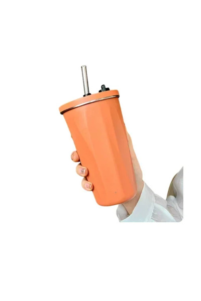 OEM Θερμός - ποτήρι με μεταλλικό καλαμάκι 600ml σε πορτοκαλί χρώμα