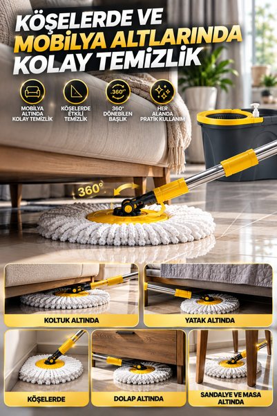 grimorlife Premium Otomatik Temizlik Mop Seti – Sıvı Deterjan Hazneli, 360° Döner Başlıklı, Pedallı Sıkma Mekanizmalı Mikrofiber Mop 19 LT