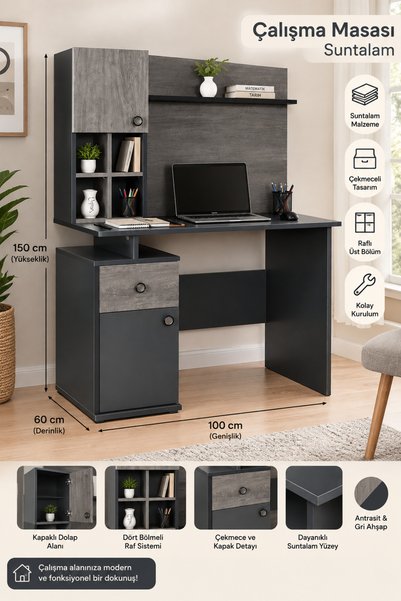 AYB Raflı ve 2 Çekmeceli Çalışma Masası Suntalam 150x100x60 cm
