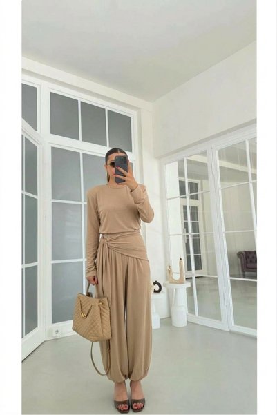 solena sln بلوزة نسائية مبطنة مع خصر مطاطي وتفاصيل ربط، طقم شالوار بتصميم مزدوج