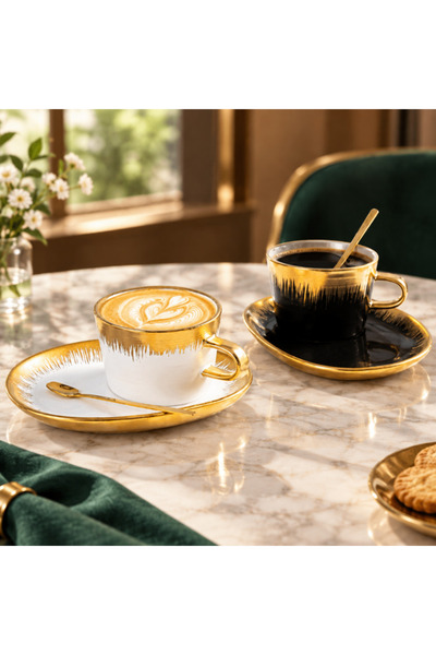 idei Complete set of 200ml ceramic mug, oval saucer and spoon, artistic gilde...
