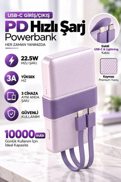 CROW'S TECH 10000 mAh 22.5W PD Hızlı Şarj Powerbank Dahili Type-C ve Lightning Kablolu Taşınabilir Kaymaz Tasarım