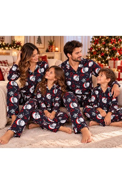 ayza butik Yılbaşı Desenli Lacivert Uzun Kollu Önden Düğmeli Gömlek Yaka Aile...