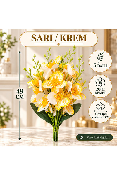 TEMA AJANS SÜS 49 cm Islak Orkide Demeti 20'li 5 Dallı 9 cm Sarı / Krem