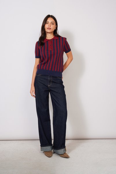 Nisan Polo Collar Striped Short Sleeve Knitwear Sweater Burgundy-Dark Blue