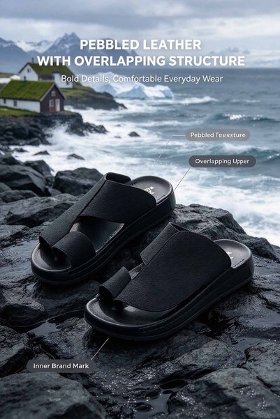 NajdEva Shop Men's Split Toe Leather Slides Made in KSA Urban Minimalist Thick Sole