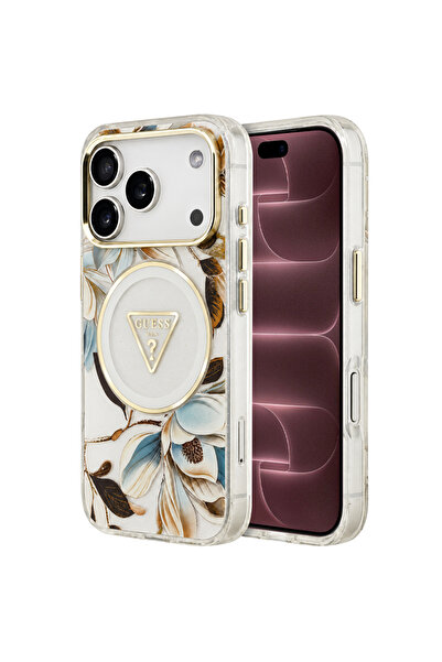 Guess iPhone 17/18 Pro Max IML Φλοράλ Γκλίτερ Τριγωνική Θήκη MagSafe, Λευκή