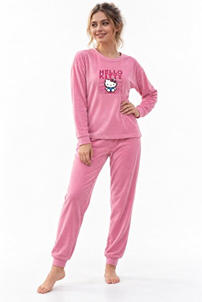 cotonhause Kadın Uzun Kol Kadife Kumaş Hello Kitty Pembe Pijama Takımı C2T0N19