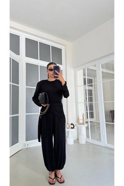 solena sln بلوزة نسائية مبطنة مع خصر مطاطي وتفاصيل ربط، طقم شالوار بتصميم مزدوج